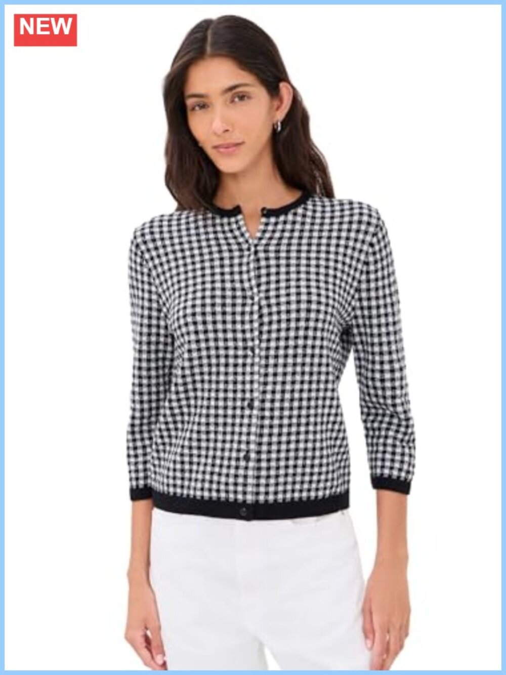 Gingham Cardigan 3/4 Sleeve Button Crew Neck Spring Summer